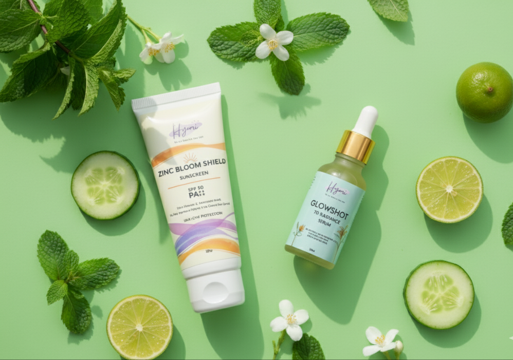 Hyemi Glowshot 7D radiance Serum + Zinc Bloom Shield hybrid Sunscreen Combo