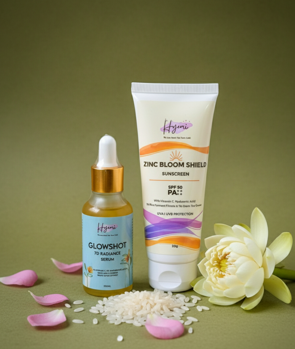 Hyemi Glowshot 7D radiance Serum + Zinc Bloom Shield hybrid Sunscreen Combo