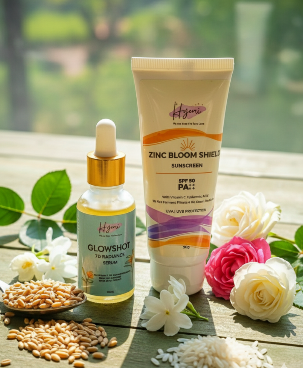 Hyemi Glowshot 7D radiance Serum + Zinc Bloom Shield hybrid Sunscreen Combo
