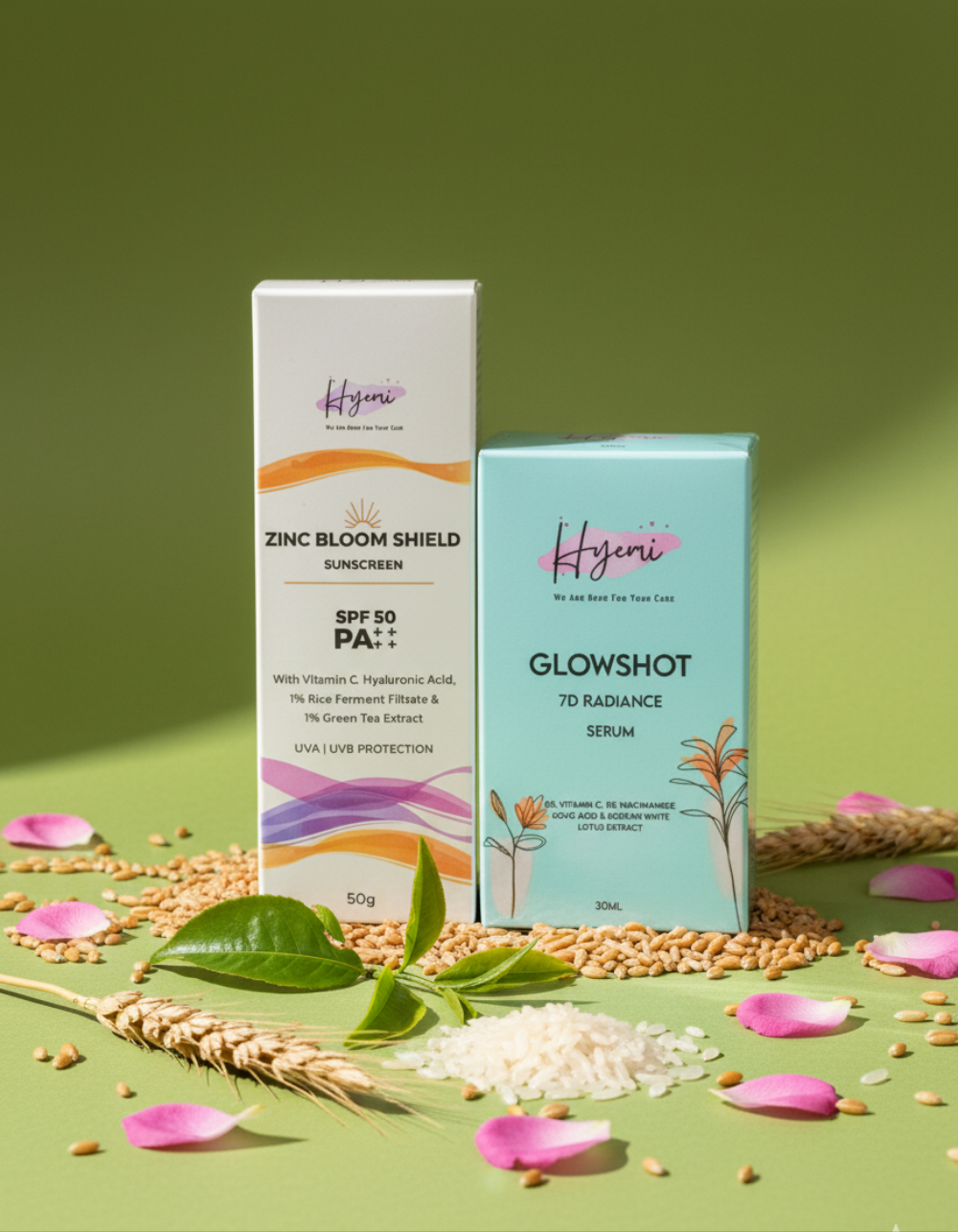 Hyemi Glowshot 7D radiance Serum + Zinc Bloom Shield hybrid Sunscreen Combo