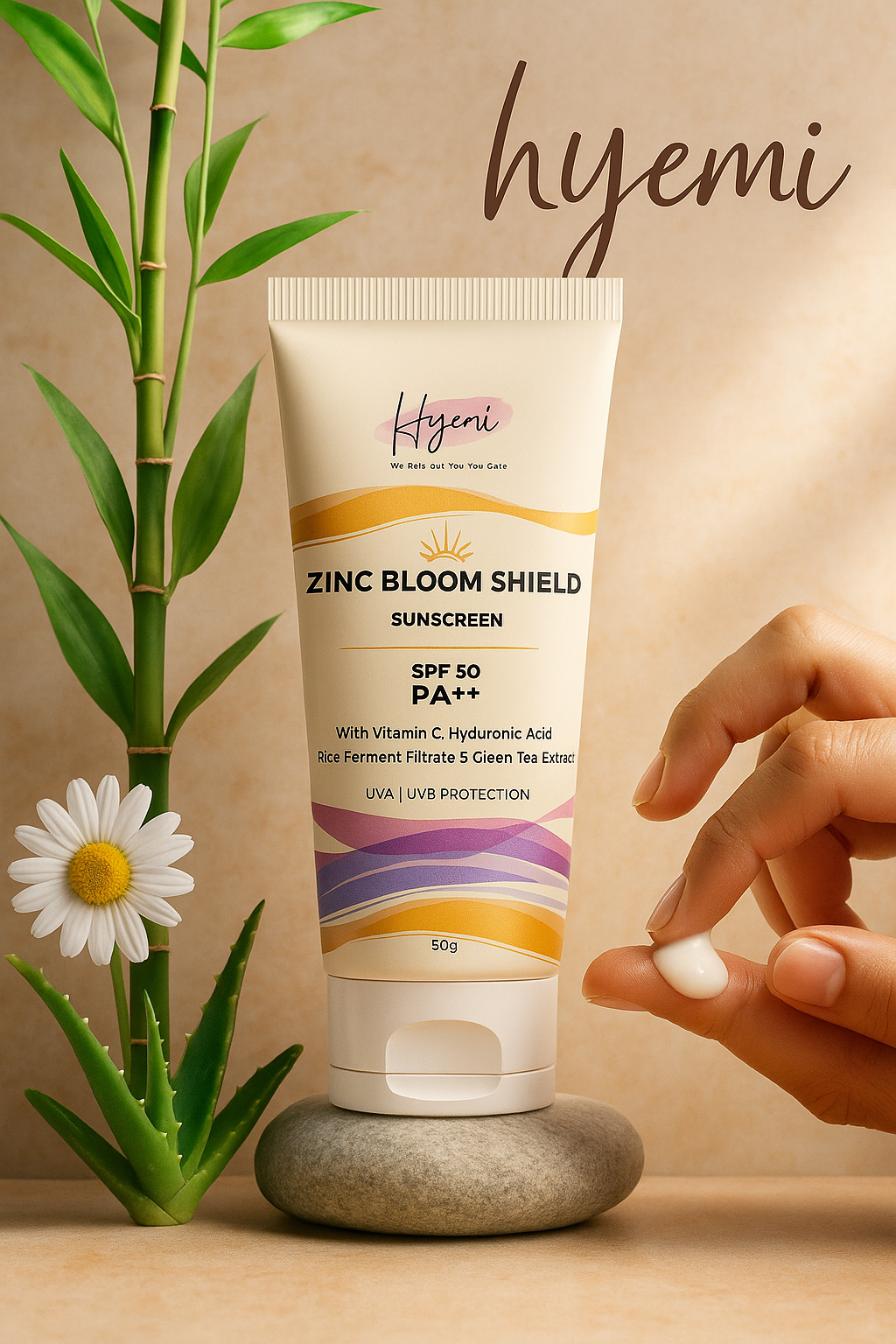 Hyemi Zinc Bloom Shield Sunscreen PA++++ with Zinc Oxide, Vitamin C, Hyaluronic Acid, Fermented Rice and Green Tea Extract