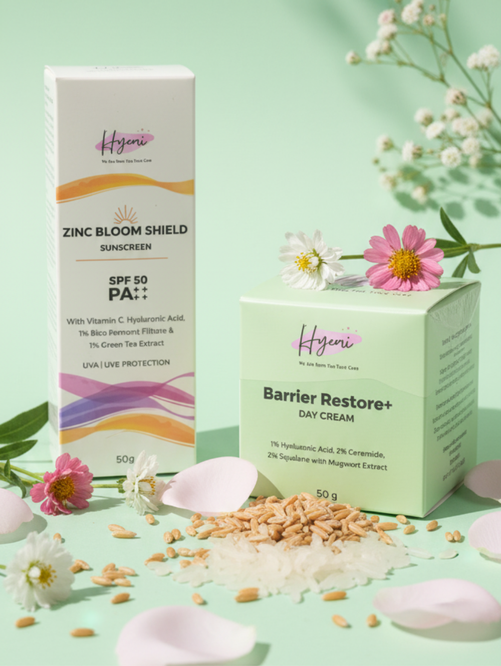 HYEMI HYDRATE & DEFENSE DUO (Barrier Restore Day Cream + Zinc Bloom Shield Sunscreen SPF 50 PA++++) Hydrate • Protect • Glow
