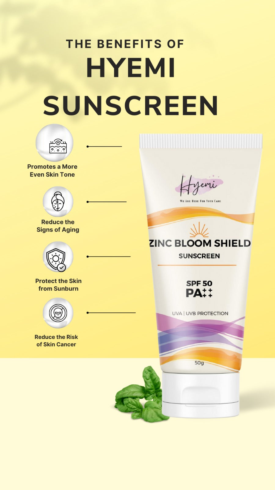 Hyemi Zinc Bloom Shield Sunscreen PA++++ with Zinc Oxide, Vitamin C, Hyaluronic Acid, Fermented Rice and Green Tea Extract