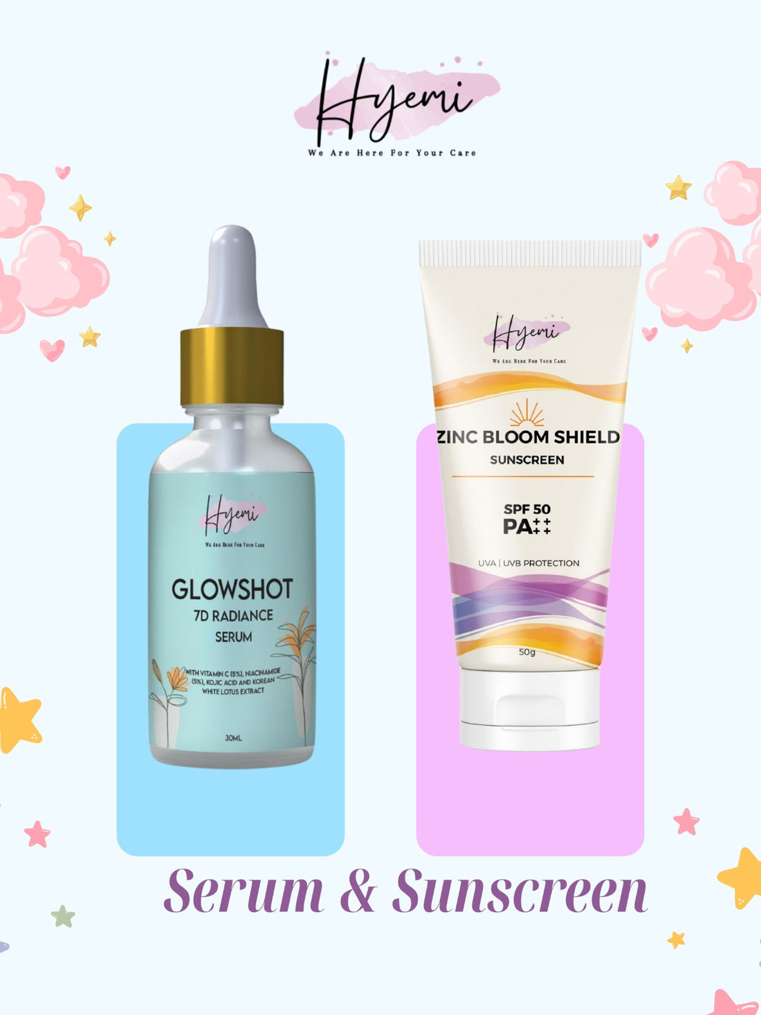 Hyemi Glowshot 7D radiance Serum + Zinc Bloom Shield hybrid Sunscreen Combo