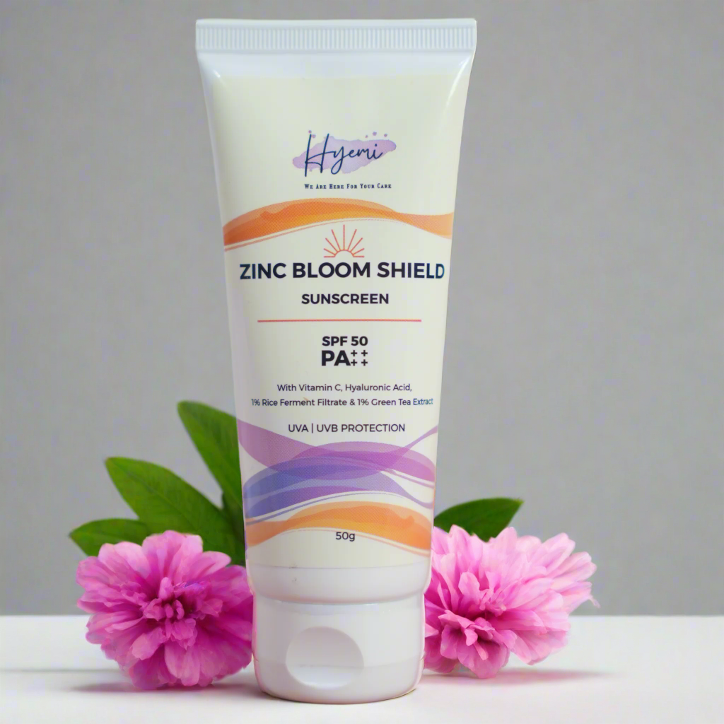 Hyemi Zinc Bloom Shield Sunscreen PA++++ with Zinc Oxide, Vitamin C, Hyaluronic Acid, Fermented Rice and Green Tea Extract